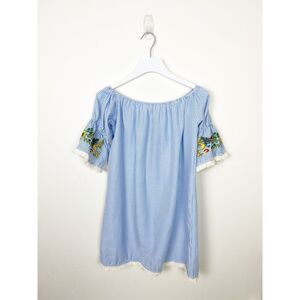 Rebellion Again Floral Sleeve Blue White Seersucker Off-shoulder Dress Size M